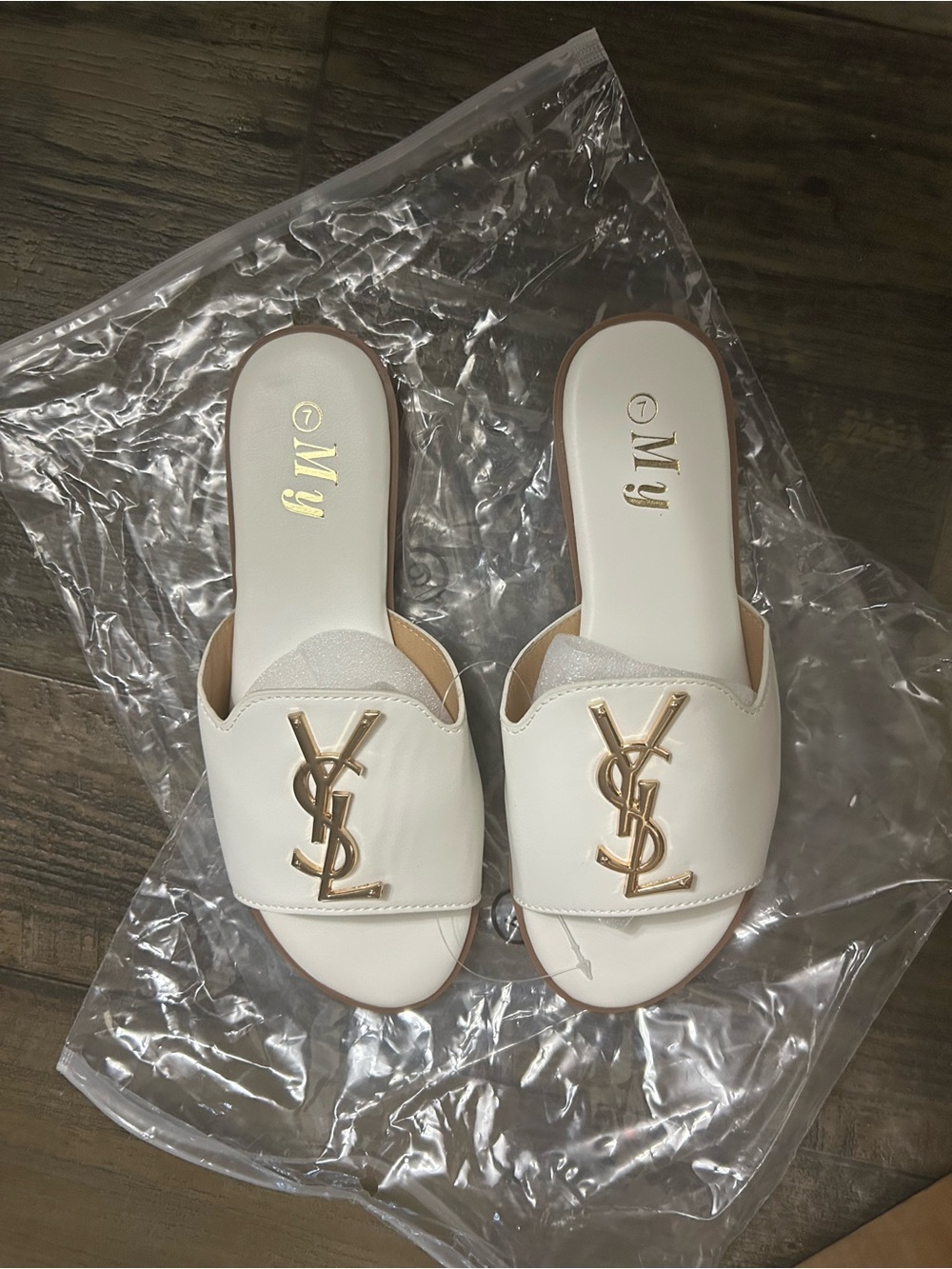 Yves Saint Laurent White Slide Sandals with Gold YSL Emblem